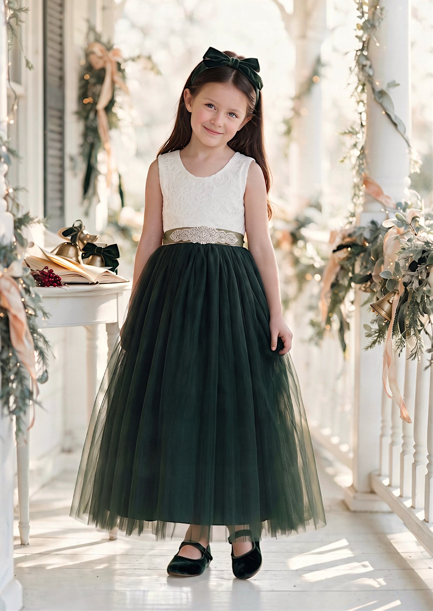 Hunter Green Tulle & Lace Flower Girl Dress Sleeveless