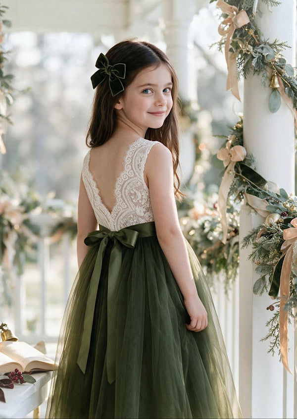 Hunter Green Tulle & Lace Flower Girl Dress Sleeveless