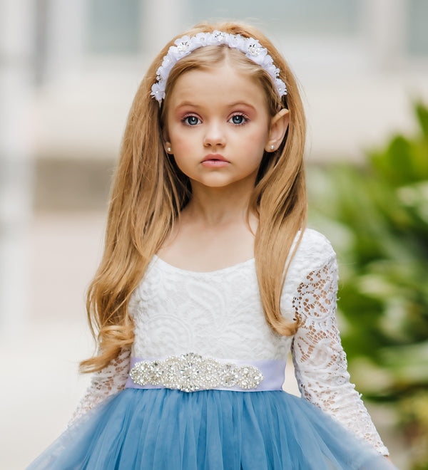 Dusty Blue Long Sleeve Boho Rustic Flower Girl Dress