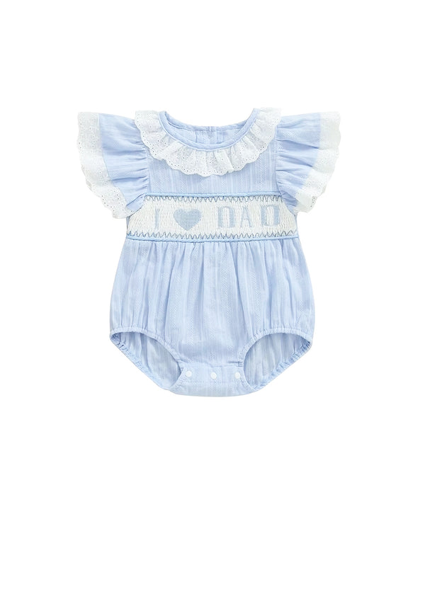 I Love Dad Smocked Romper || Light Blue