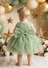 baby girl 1st birthday dress in avocado green with large back bow