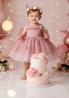Baby Girl Pink Birthday Party dress with illusion neckline and applique flowers