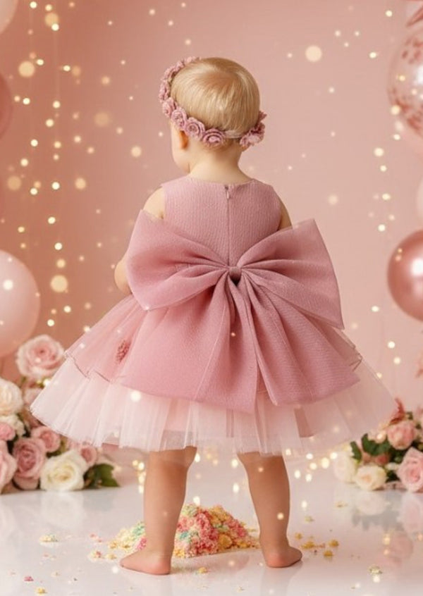 Baby Girl Pink Birthday Party dress with illusion neckline and applique flowers back view