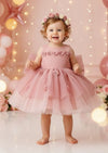 Baby Girl Pink Birthday Party dress with illusion neckline and applique flowers