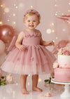 Baby Girl Pink Birthday Party dress with illusion neckline and applique flowers