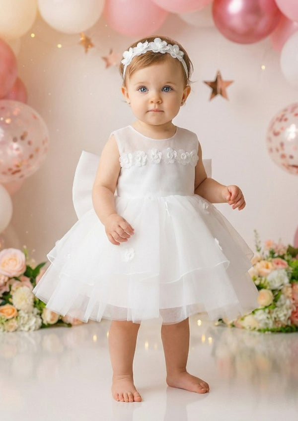 Petit Flowers Baby Girl 1st, 2nd Birthday Dress White side view