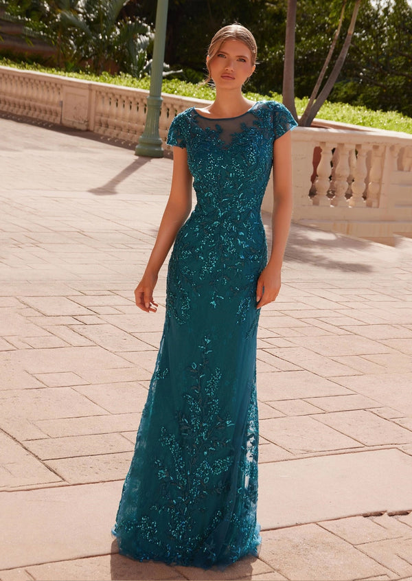 Teal Sequin Appliqué Mother‑of‑the‑Bride Gown | Illusion Tulle