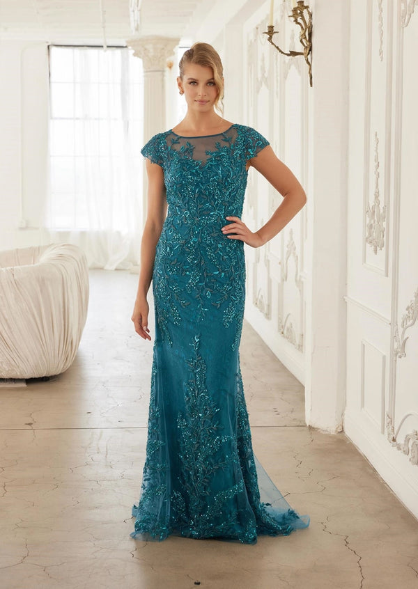Teal Sequin Appliqué Mother‑of‑the‑Bride Gown | Illusion Tulle