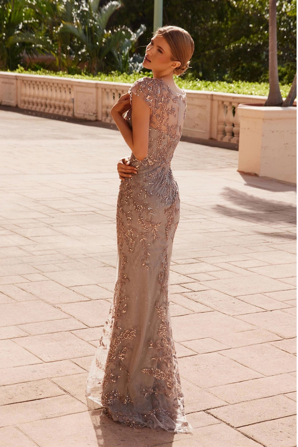Taupe Sequin Appliqué Mother‑of‑the‑Bride Gown | Illusion Tulle