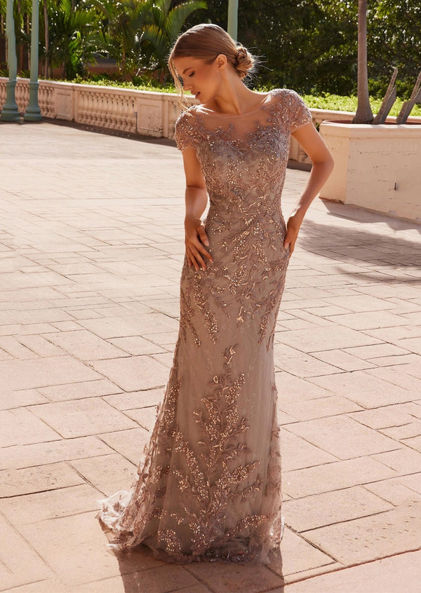 Taupe Sequin Appliqué Mother‑of‑the‑Bride Gown | Illusion Tulle