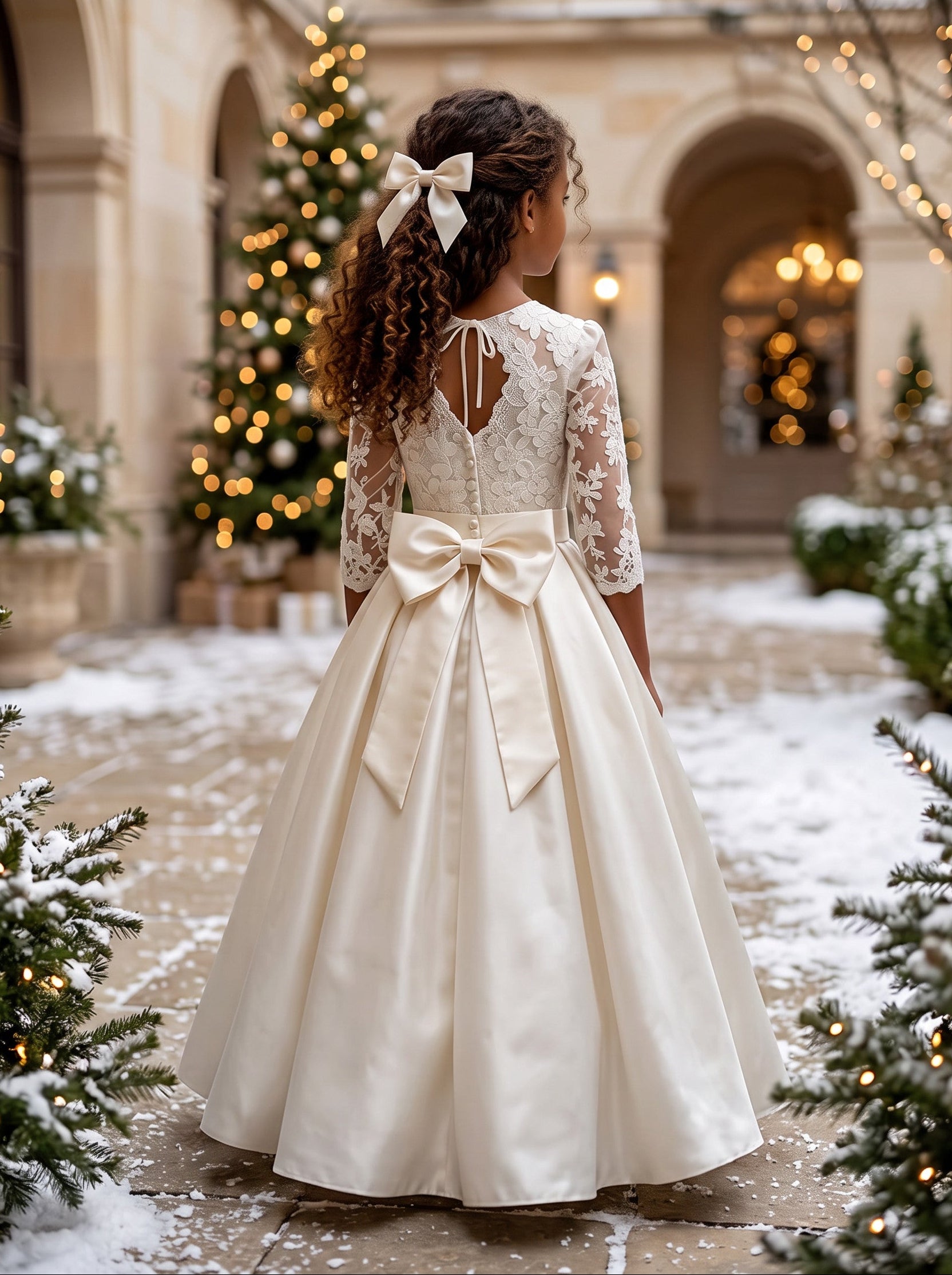 Lace & Satin Flower Girl Gown with Bow | Flower Girl Dresses