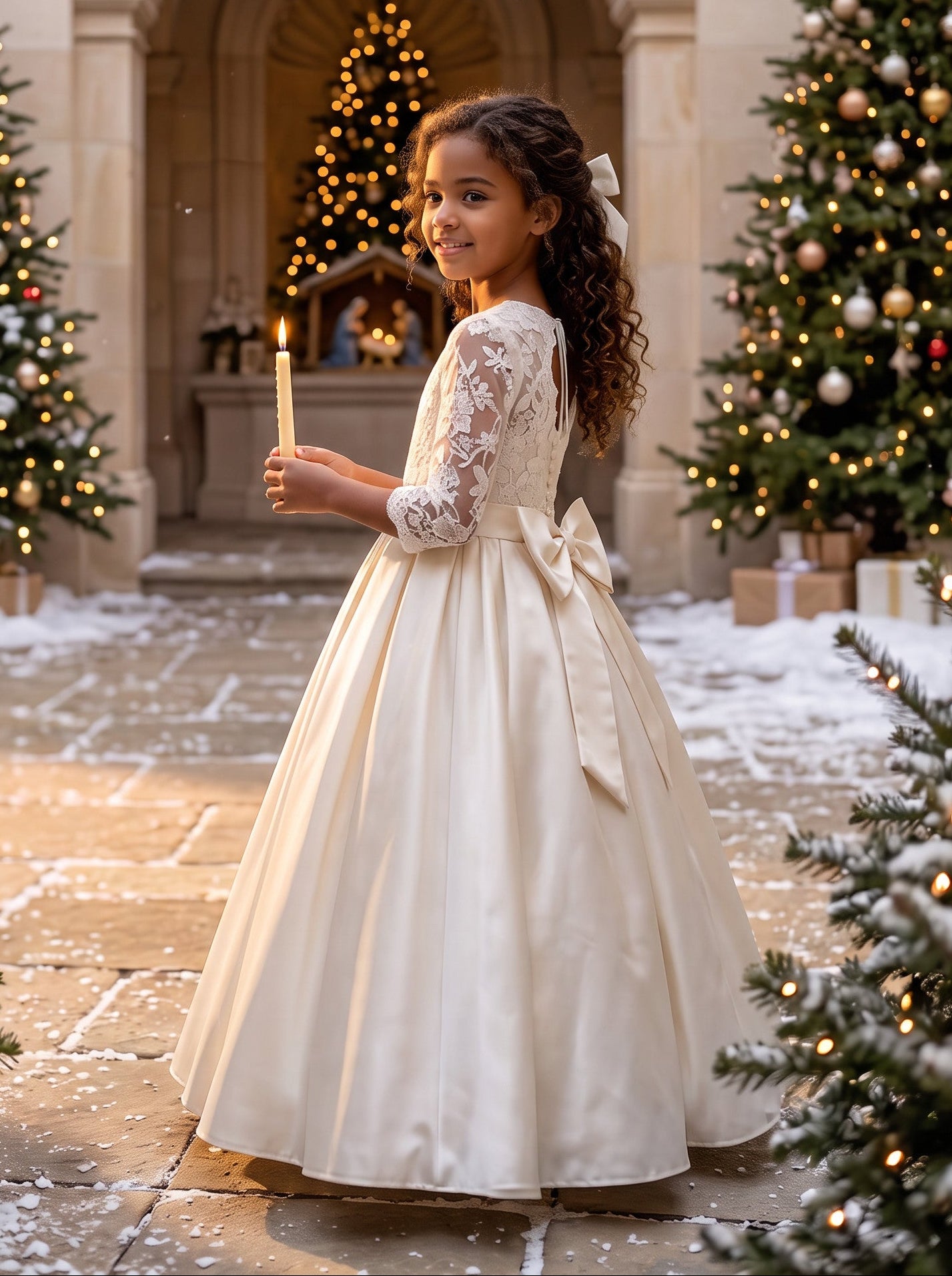 Lace & Satin Flower Girl Gown with Bow | Flower Girl Dresses