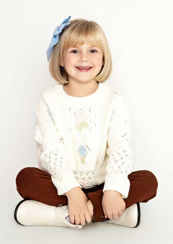 Girls Hand Knit Pullover Sweater in Ivory