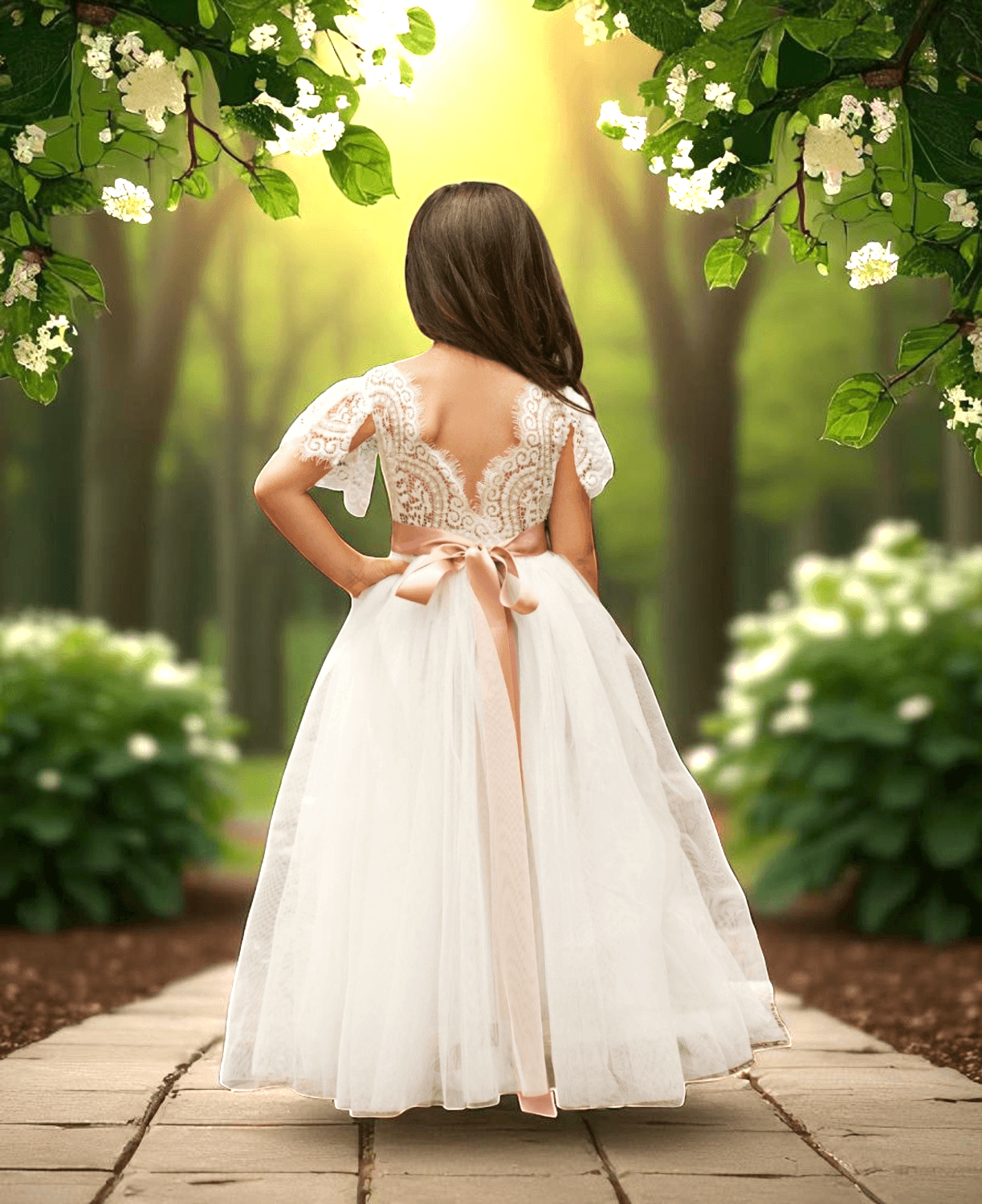 Ivory Rustic Ruffle Sleeve Boho Flower Girl Dress | Feathered Lace V-Back