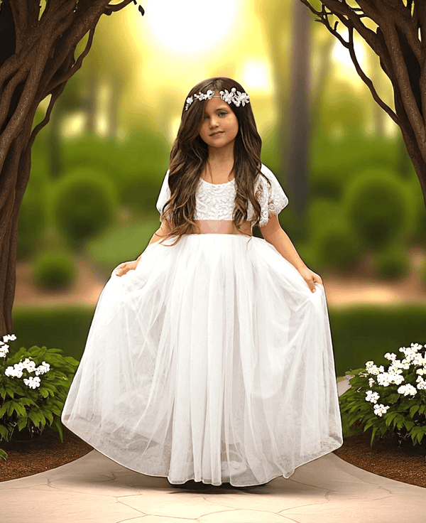 Ivory Rustic Ruffle Sleeve Boho Flower Girl Dress | Feathered Lace V-Back