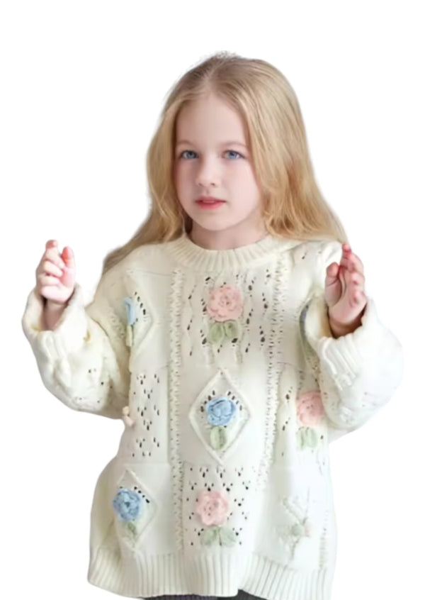 Hand Knit Flower Pullover Sweater Ivory Cream