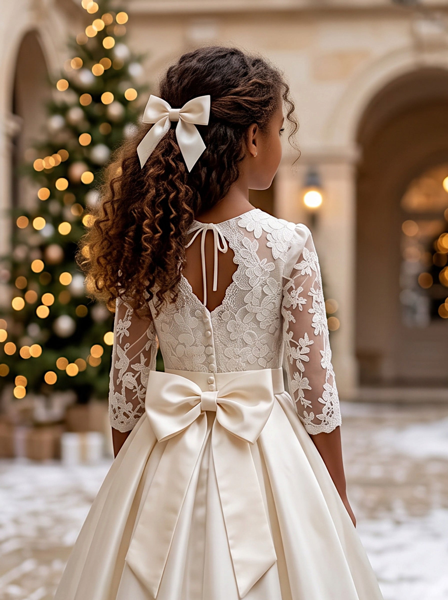 Lace & Satin Flower Girl Gown with Bow | Flower Girl Dresses