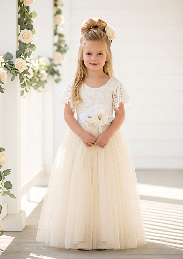 Flutter Sleeve Ivory Flower Girl Dress - Flower Girl Dresses