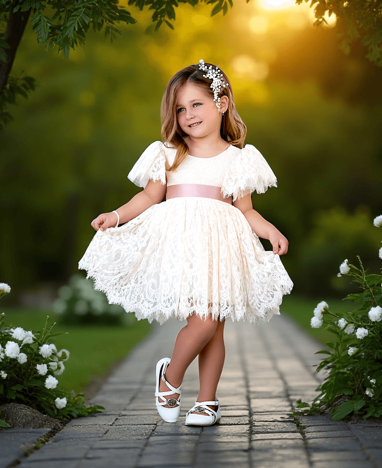 Ivory Knee Length Boho Lace Modern Flower Girl Dress for Rustic Weddings