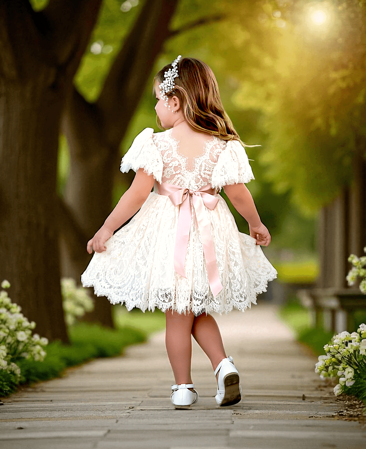 Ivory Knee Length Boho Lace Modern Flower Girl Dress for Rustic Weddings
