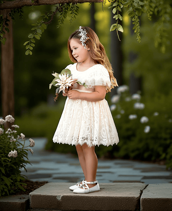 Ivory Knee Length Boho Lace Modern Flower Girl Dress for Rustic Weddings