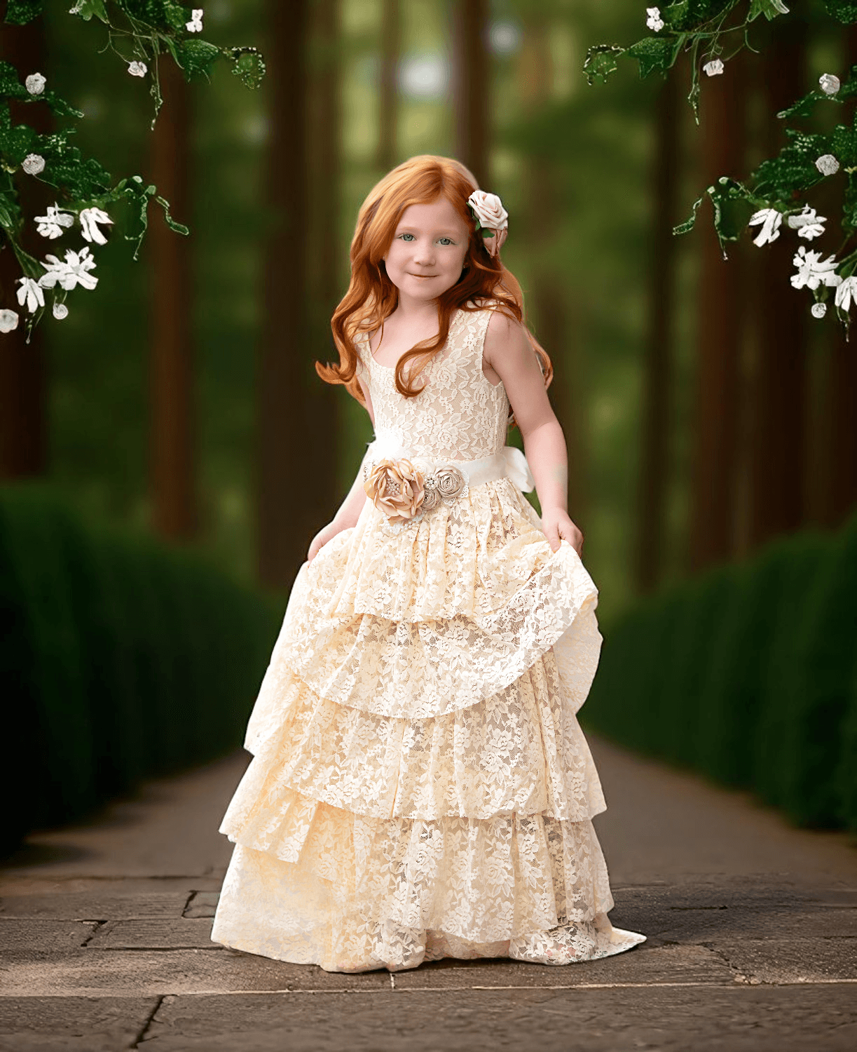 Ivory Rustic Layered Boho Wedding Dress for Girls with Vintage Details