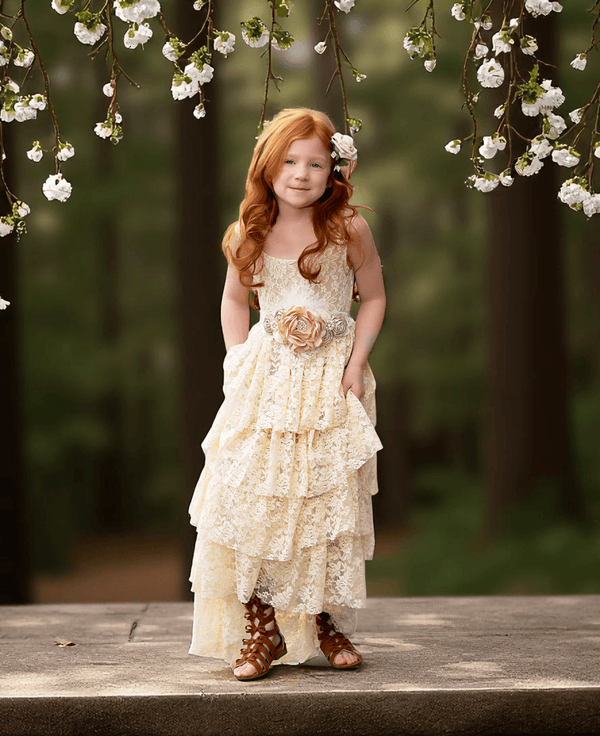 Ivory Rustic Layered Boho Wedding Dress for Girls with Vintage Details