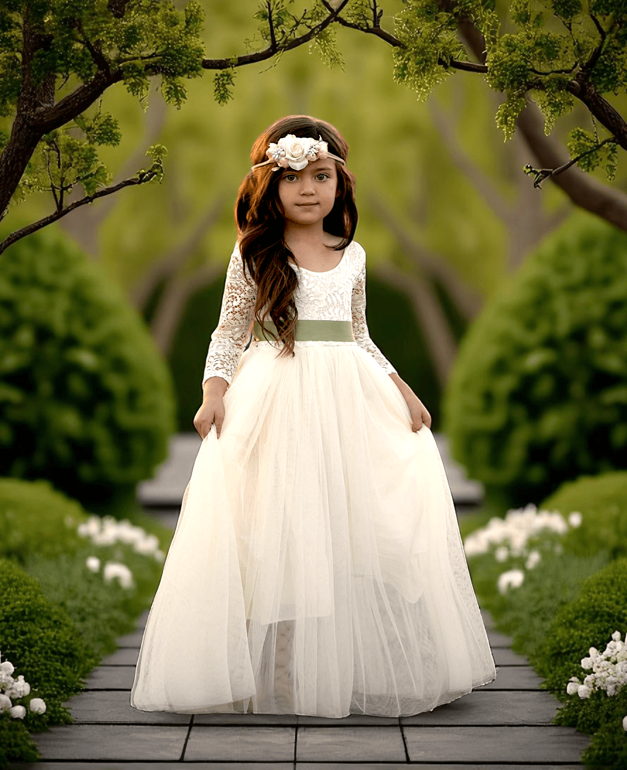 Long Sleeve Ivory Lace Flower Girl Dress – Rustic Vintage Wedding Gown for Toddler or Junior Bridesmaid ivory