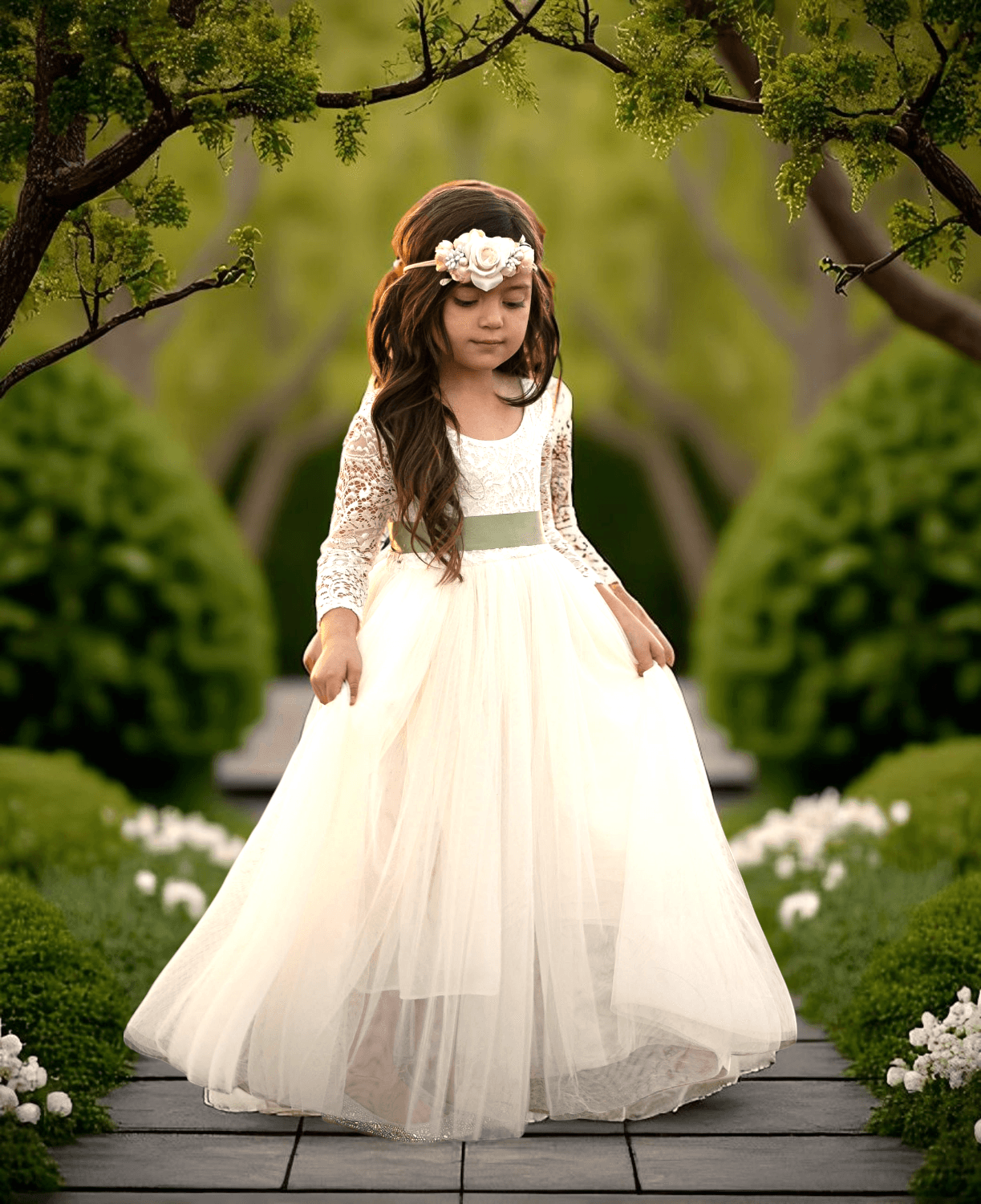 Long Sleeve Ivory Lace Flower Girl Dress – Rustic Vintage Wedding Gown for Toddler or Junior Bridesmaid