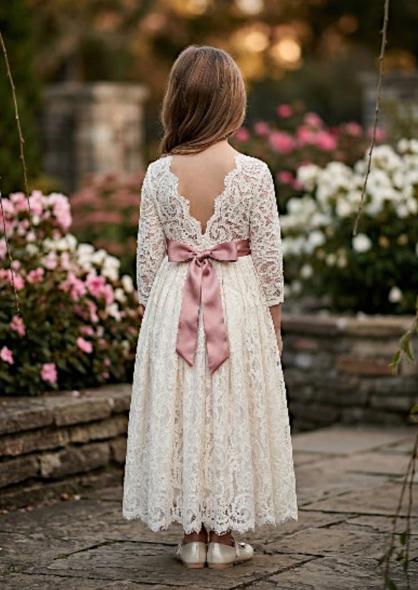 Ivory Long Sleeve Lace Girl Dresses Classic Wedding Style