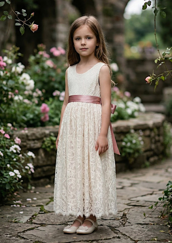 Sleeveless Ivory Lace Flower Girl Dress