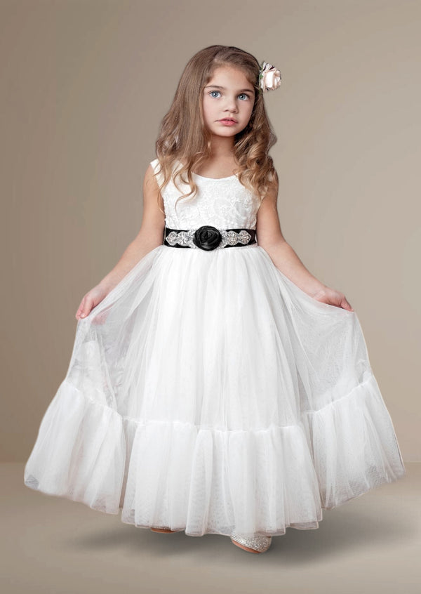 White Flower Girl Dress with Black Sash