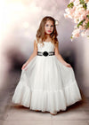 White flower girl dress with black sash for toddlers