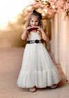 White tulle flower girl dress with ruffle hem for toddlers