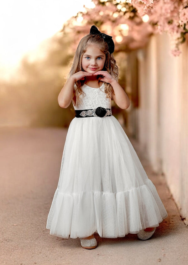 White tulle flower girl dress with ruffle hem for toddlers