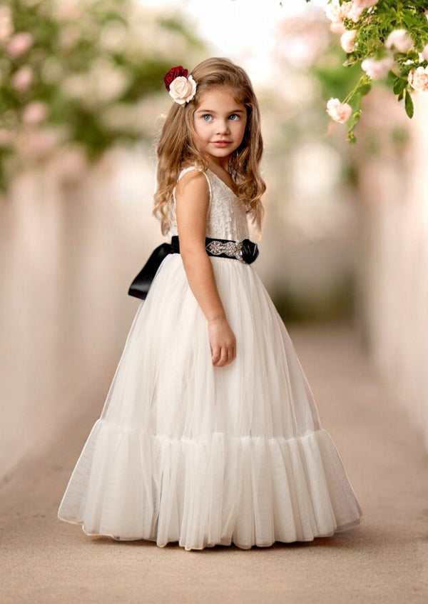 White Sleeveless Ruffle Tulle & Lace Flower Girl Dress