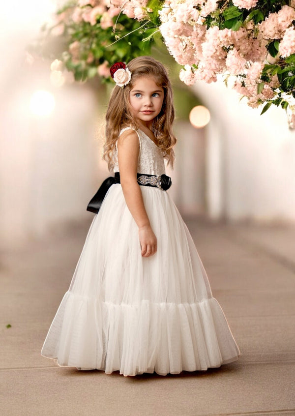 White Sleeveless Ruffle Tulle & Lace Flower Girl Dress