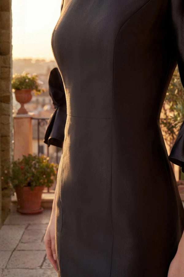 Black Crepe Midi Dress – Elegant Bell‑Sleeve Cocktail Style