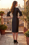 Black Crepe Midi Dress – Elegant Bell‑Sleeve Cocktail Style