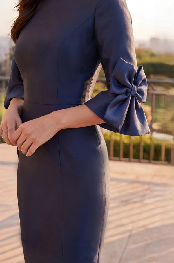 Navy Crepe Midi Dress – Elegant Bell‑Sleeve Cocktail Style