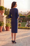Navy Crepe Midi Dress – Elegant Bell‑Sleeve Cocktail Style
