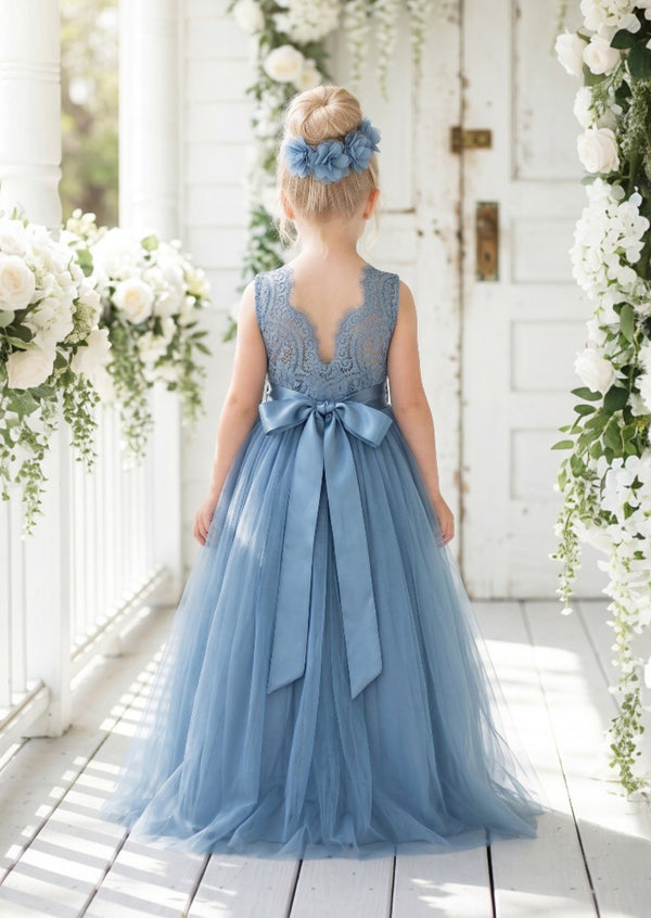 dusty blue Open back tulle flower girl dresses 