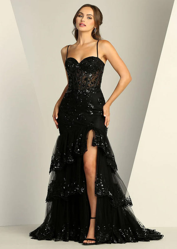 Black Glitter Tulle Evening Gown | Couture Appliqué Dress
