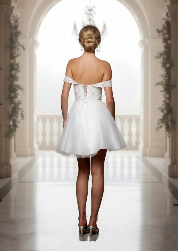 Short A‑Line Glitter Cocktail Dress | Off‑Shoulder Lace Mini  ivory