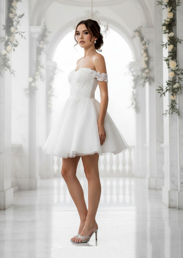 Short A‑Line Glitter Cocktail Dress | Off‑Shoulder Lace Mini  ivory