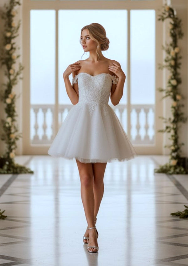Short A‑Line Glitter Cocktail Dress | Off‑Shoulder Lace Mini  ivory
