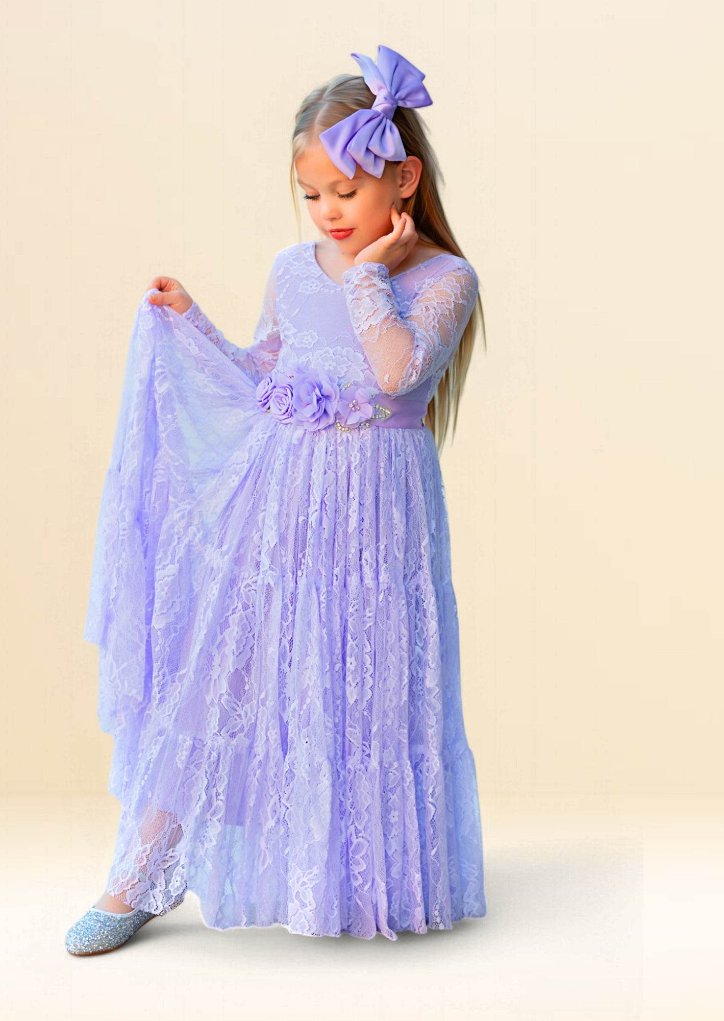 Whimsical Lace Lavender Dress with Sleeves
