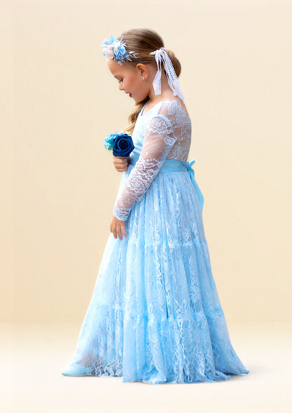 Blue lace pretty flower girl dresses for toddlers and juniors