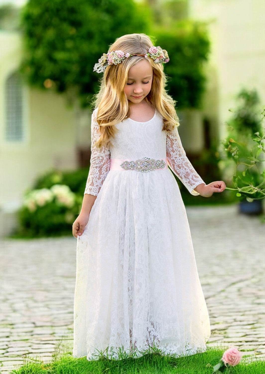 White Lace Long Sleeve Flower Girl Dress – Boho Lace Gown for Outdoor Weddings
