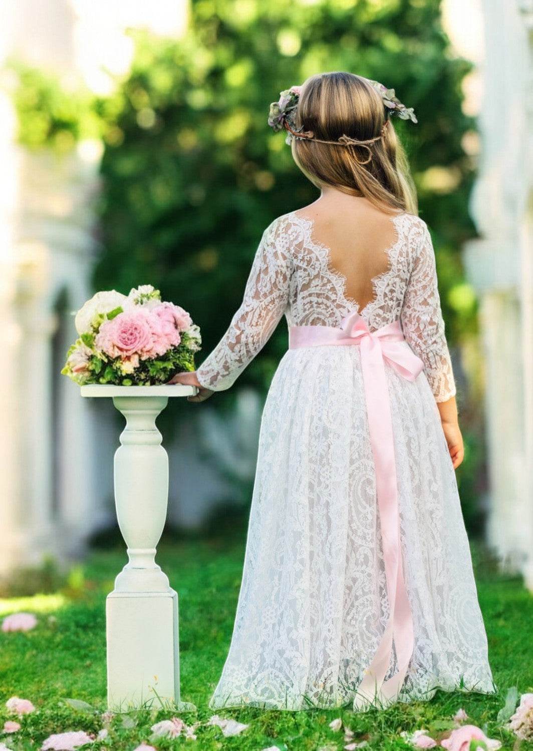 White Lace Long Sleeve Flower Girl Dress – Boho Lace Gown for Outdoor Weddings